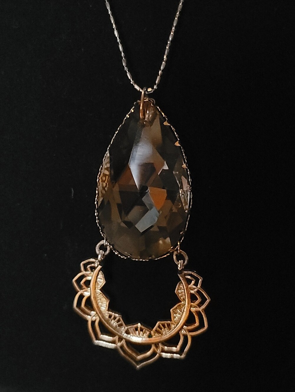 Artisan Vintage, Double Tear Drop Smoky Gray Crystal, Goldtone Filigree Details